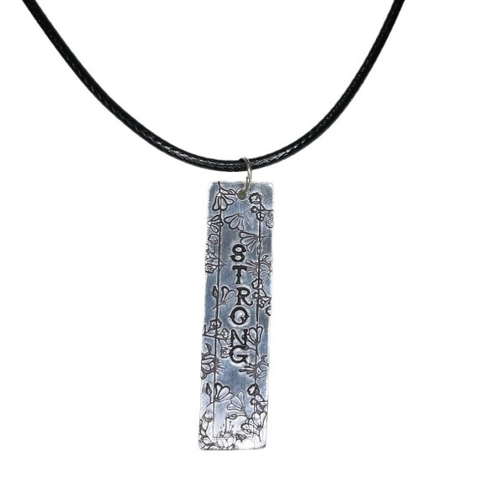 Handmade stamped strong floral silver rectangle pendant black‎ leather necklace